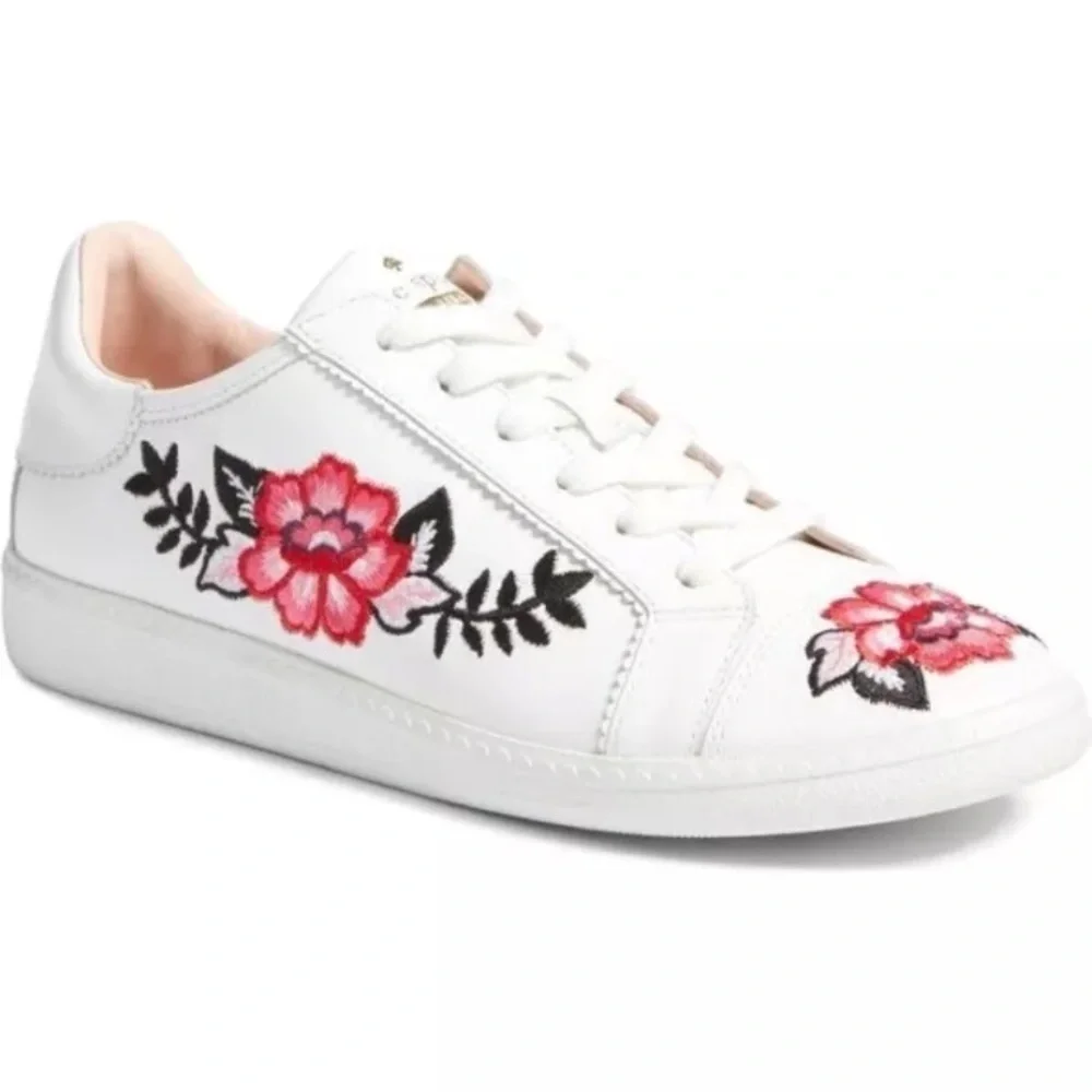 KATE SPADE EVERHART FLORAL LEATHER SHOES EMBROIDERED WHITE SNEAKERS SIZE 9.5